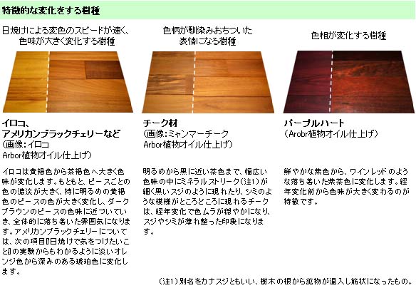 無垢の木と色味の変化 樹種ごとに異なる色変化の傾向 6号 無垢フローリング 無垢材 無垢内装材 マルホン